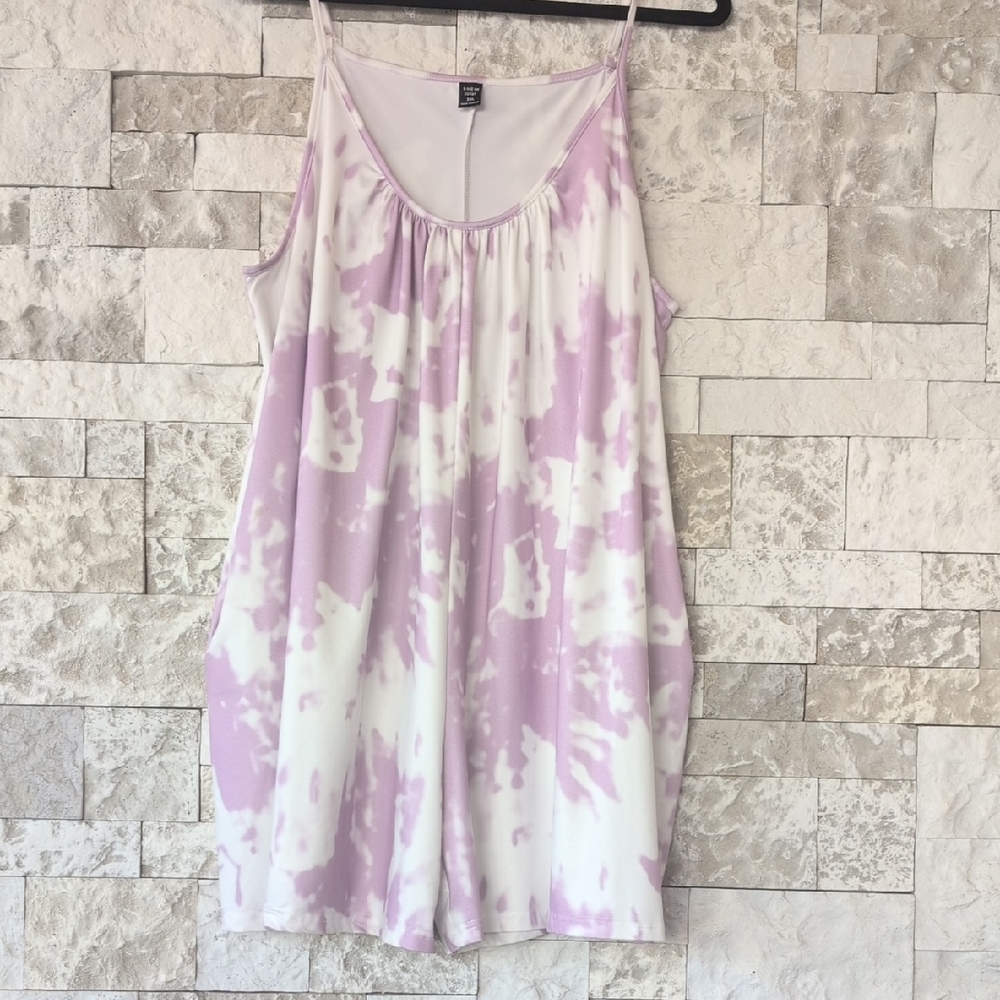 SHEIN Tie-Dye Romper Lavender & White Side Pockets, Adjustable Straps Plus Size